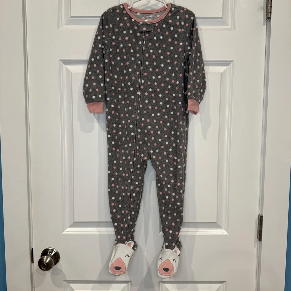 Carters Gray Pink White Polka Dot Fleece Footie Pajamas Sleepsuit Kids Size‎ 3T
